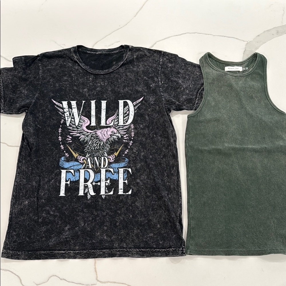 Wild and Free Black Graphic Tee and Green Tank Top Set - Vici